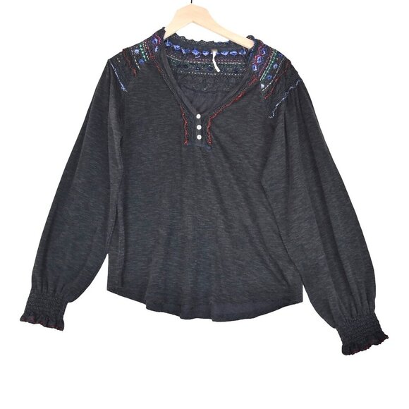 Free People Embroidered Henley Blouse Boho Folk Cottagecore Festival Top Size M - Picture 2 of 9